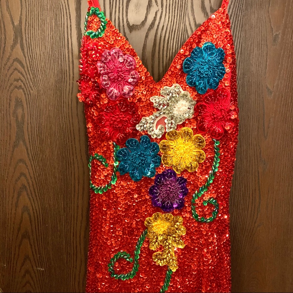 Red sequined floral pageant dress